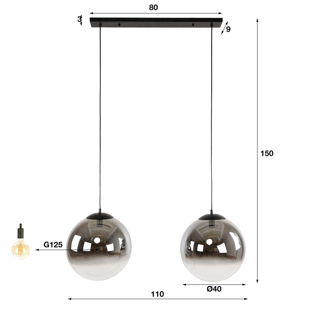 Lampe pendante 2L Bubble avec du verre argenté qui s’estompe. Lyora 8716803511224