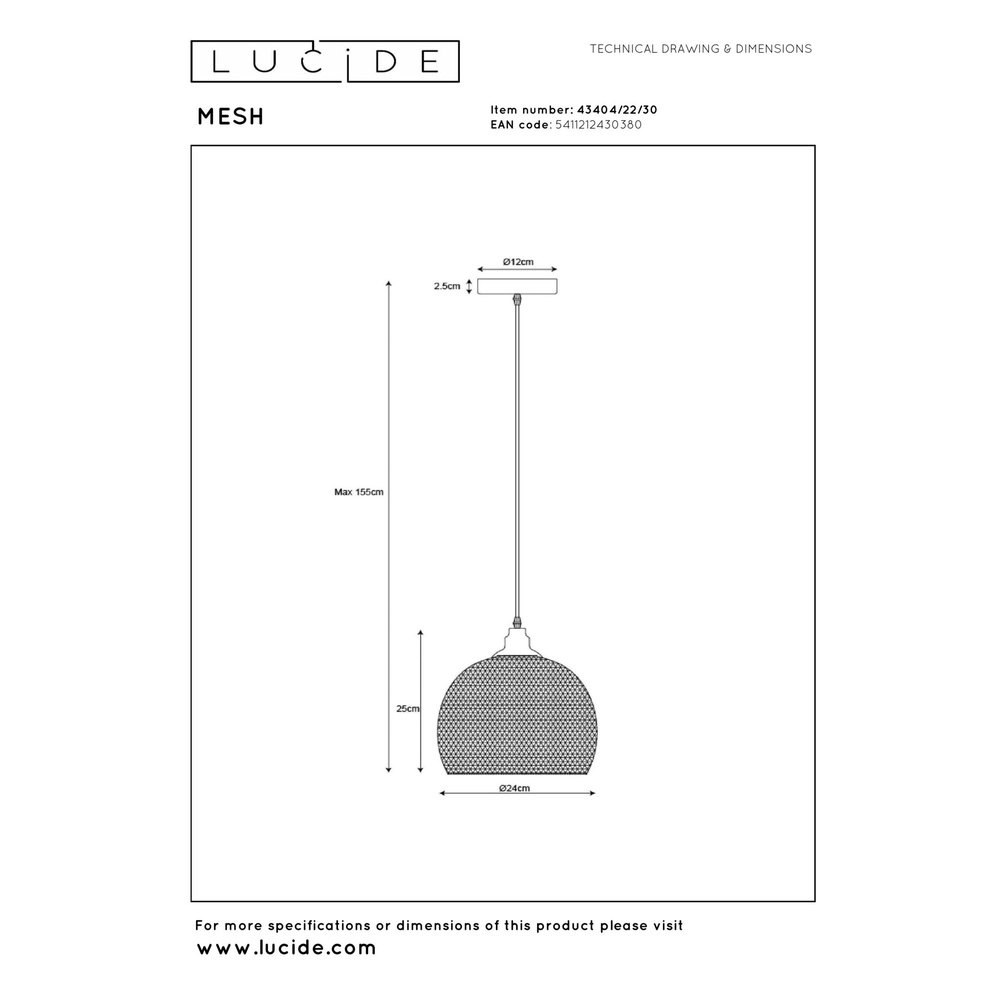 Lampe pendante en maille Mesh Ø 22cm noir Lucide 5411212430380