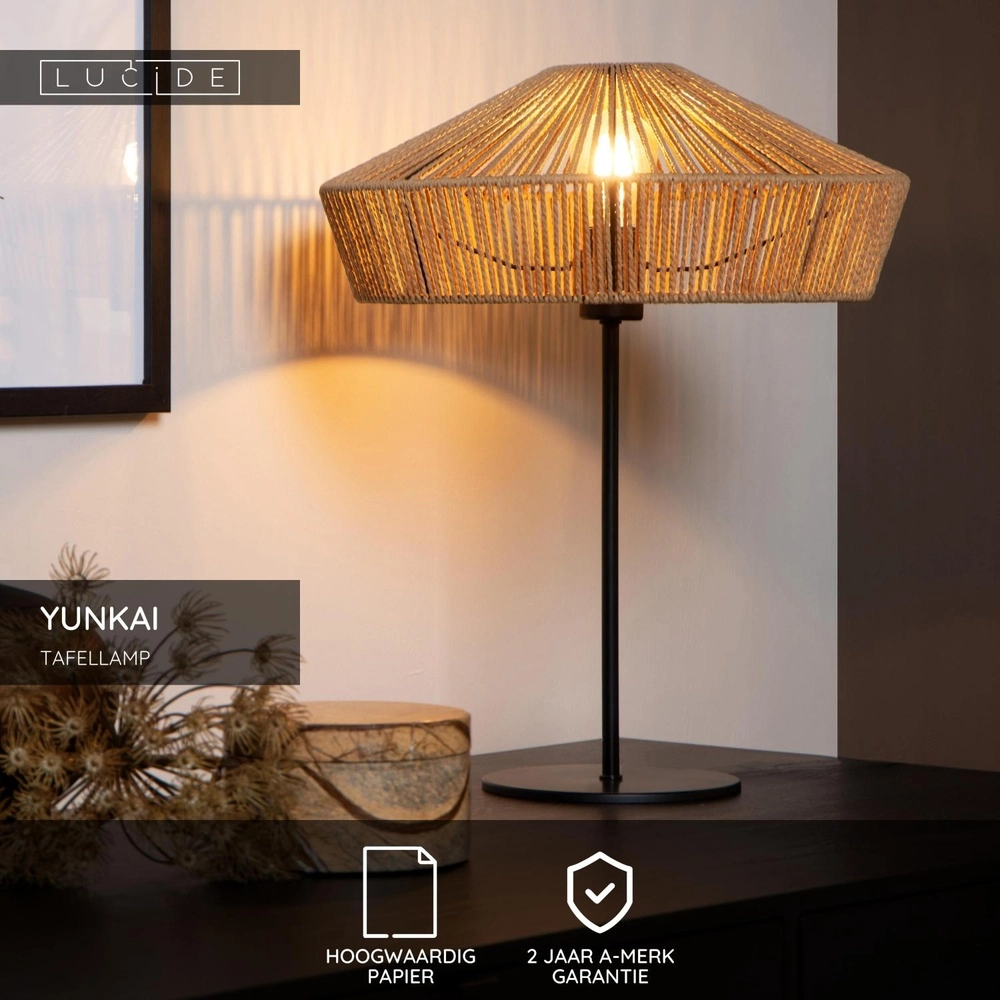 Lampe de table Yunkai Ø 40 cm noir avec rotin Lucide 5411212105721
