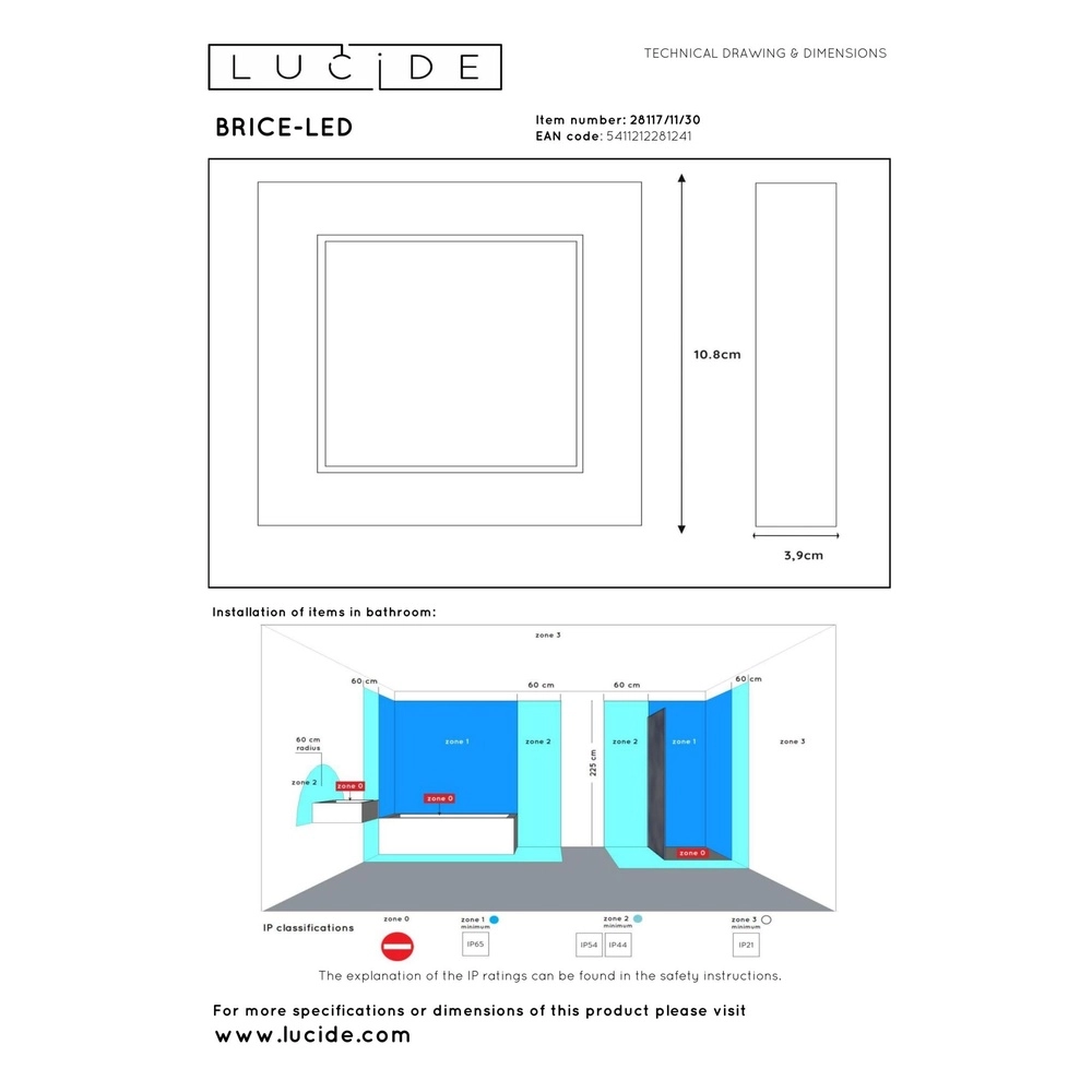 Éclairage de plafond Brice-Led 10,8 cm carrés en noir IP44 Lucide 5411212281241