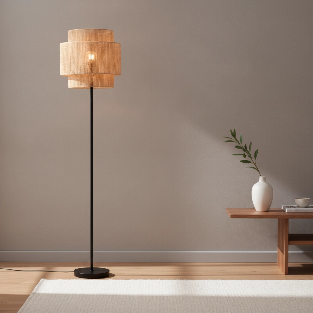 Lampadaire Lito noir et rotin