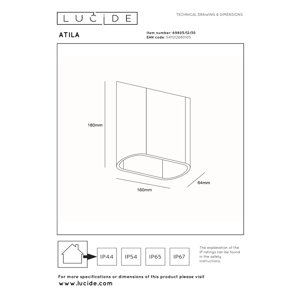 Lampe murale de conception Atila haut et bas noir IP65 Lucide 5411212680105
