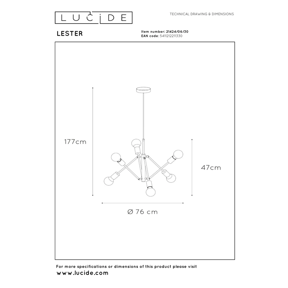 Lampe suspendue Lester Noirs à 6 feux Lucide 5411212211330