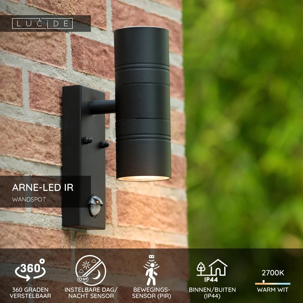 Projecteur mural Arne-Led Ir Noir haut et bas avec capteur Lucide 5411212143877