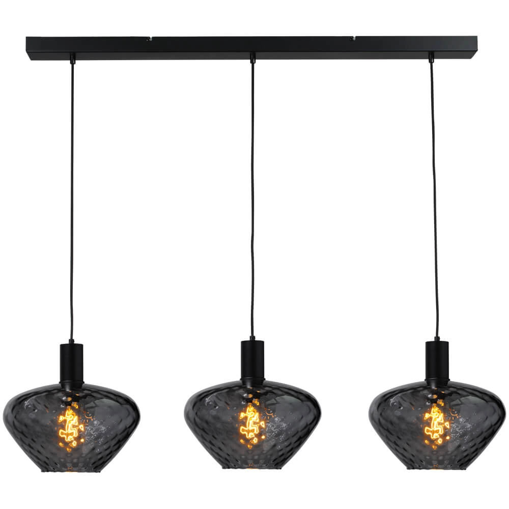 Lampe suspendue 3 lumières - noire - Porto avec verres transparents Blossom