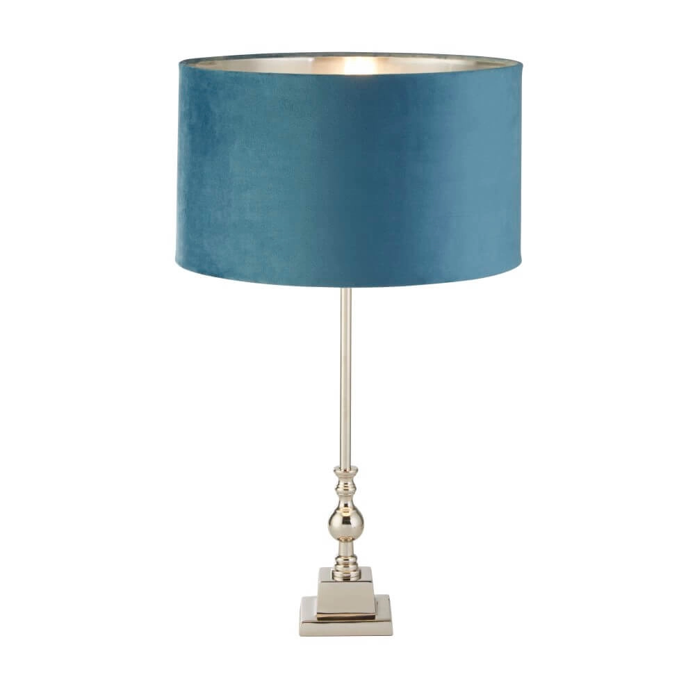 Lampe de table chromée Whitby avec capuche bleue Searchlight 5053423257686