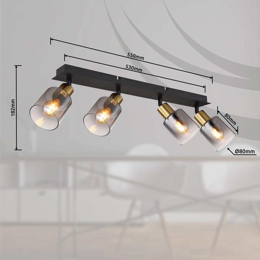 Lampe de plafond à 4 lumières Hollsy noir avec verre fumé Globo 9007371451852