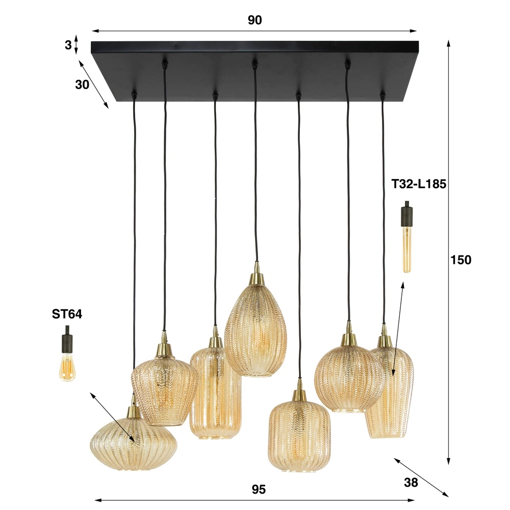 Lampe pendante de salle à manger V-Shape 7 lumières - verre nervuré Lyora 8716803511149