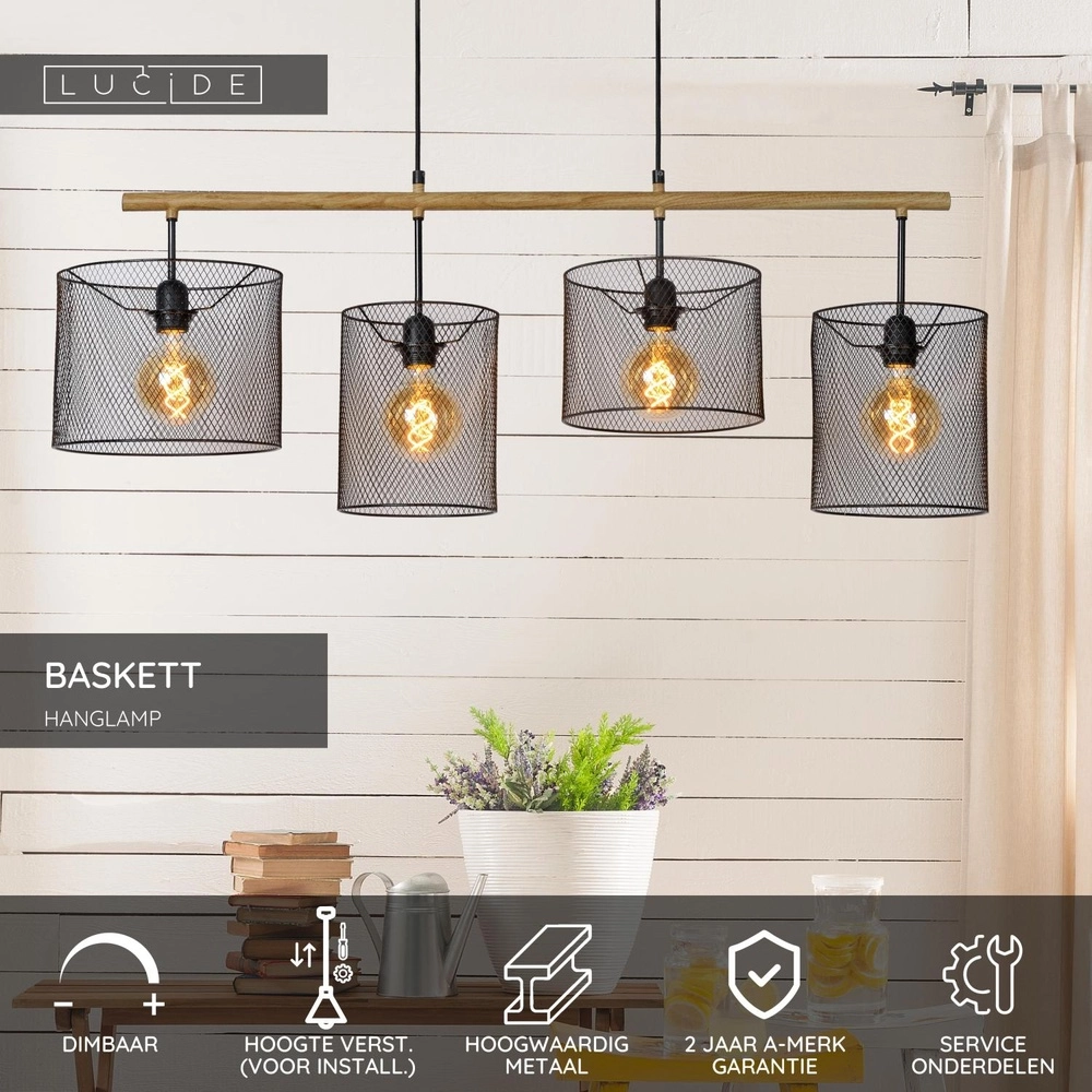 Lampe suspendue à 4 lumières Baskett noir avec bois Lucide 5411212450531