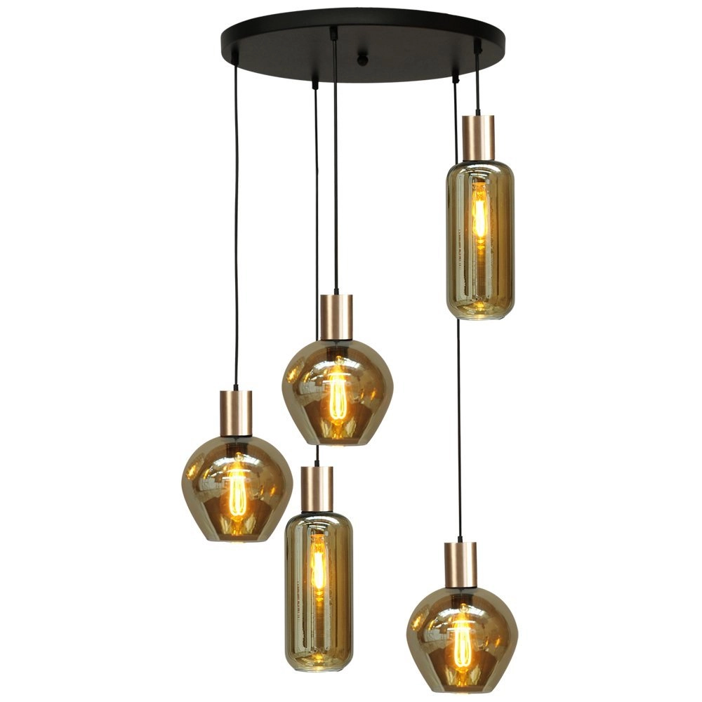 Lampe suspendue noire avec de l'or Bounty 5 lumières avec raccord doré