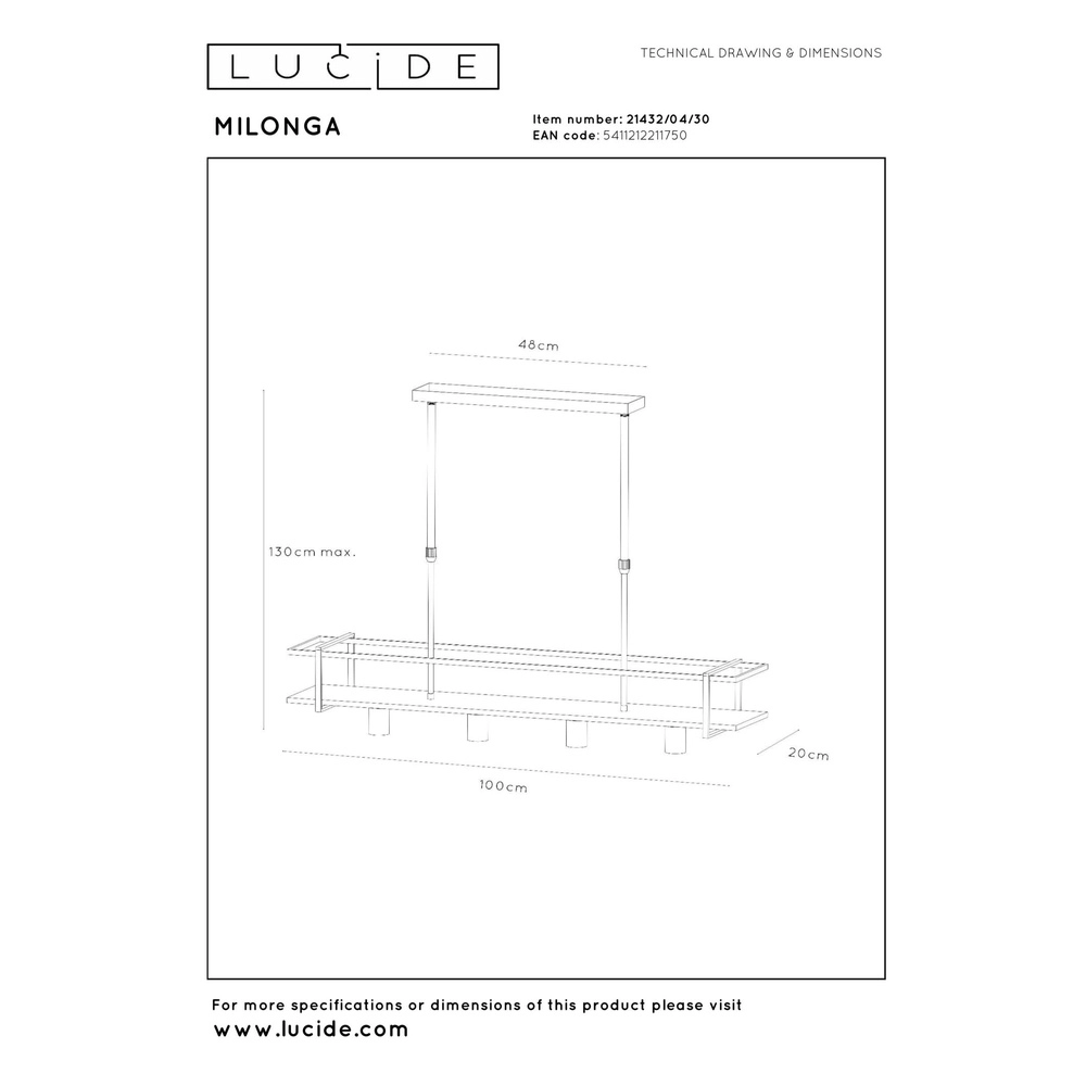 Lampe suspendue à 4 lumières Milonga noir avec bois Lucide 5411212211750