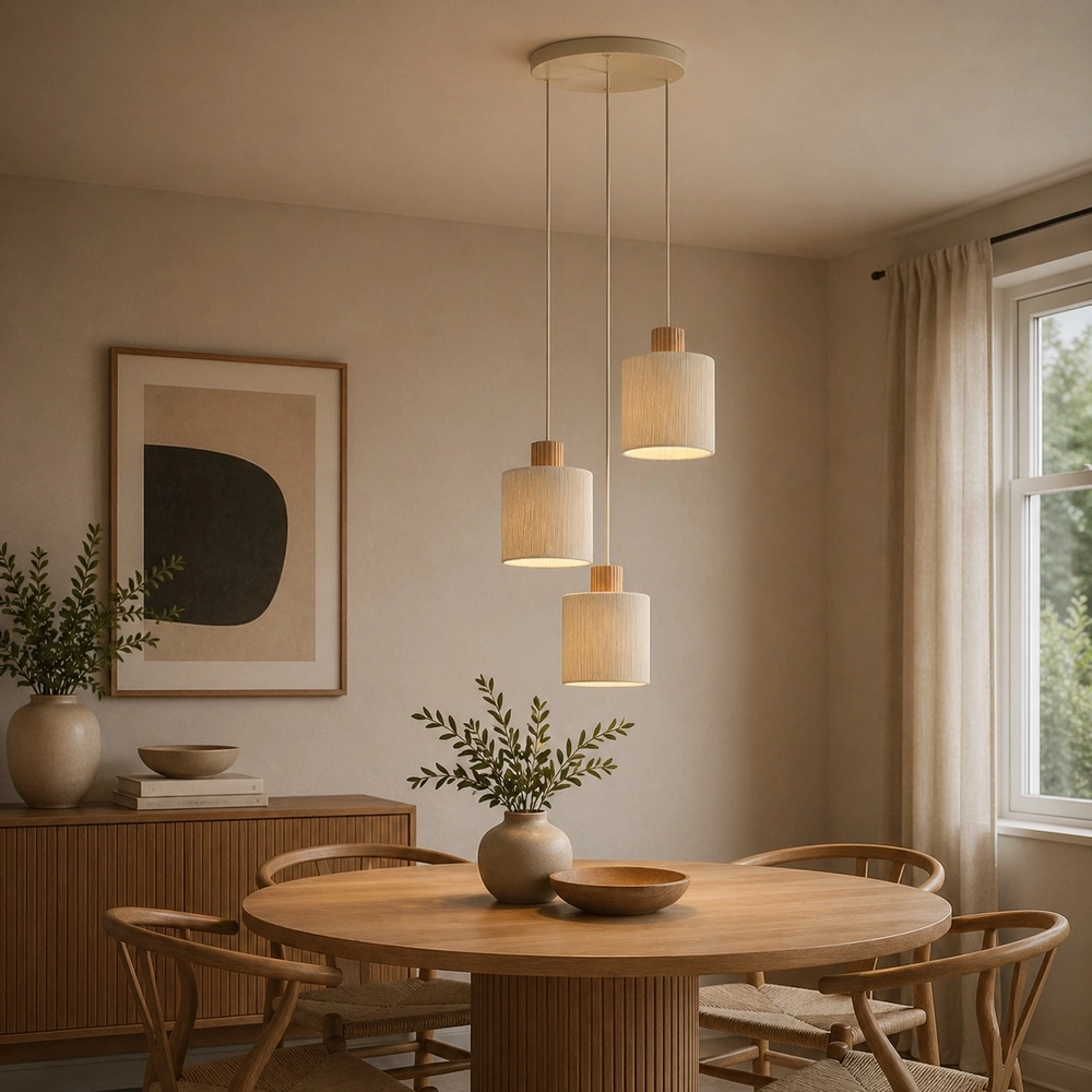 Lampe suspendue beige Arlo avec des triples en bois japonais Ø 40cm Brilliant 4004353477096