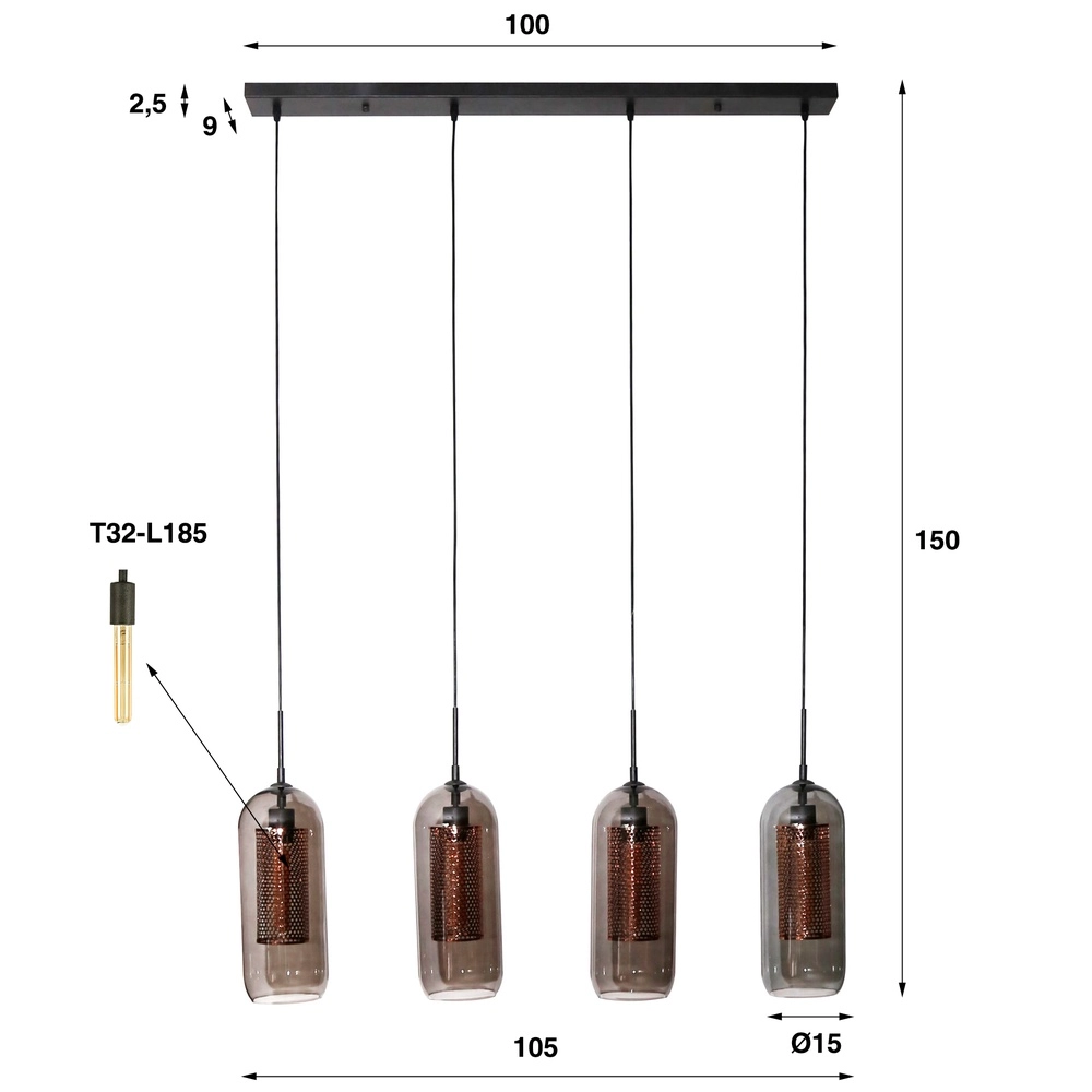 Suspension 4L Smoke E27 - noir avec cuivre Lyora 8716803512139