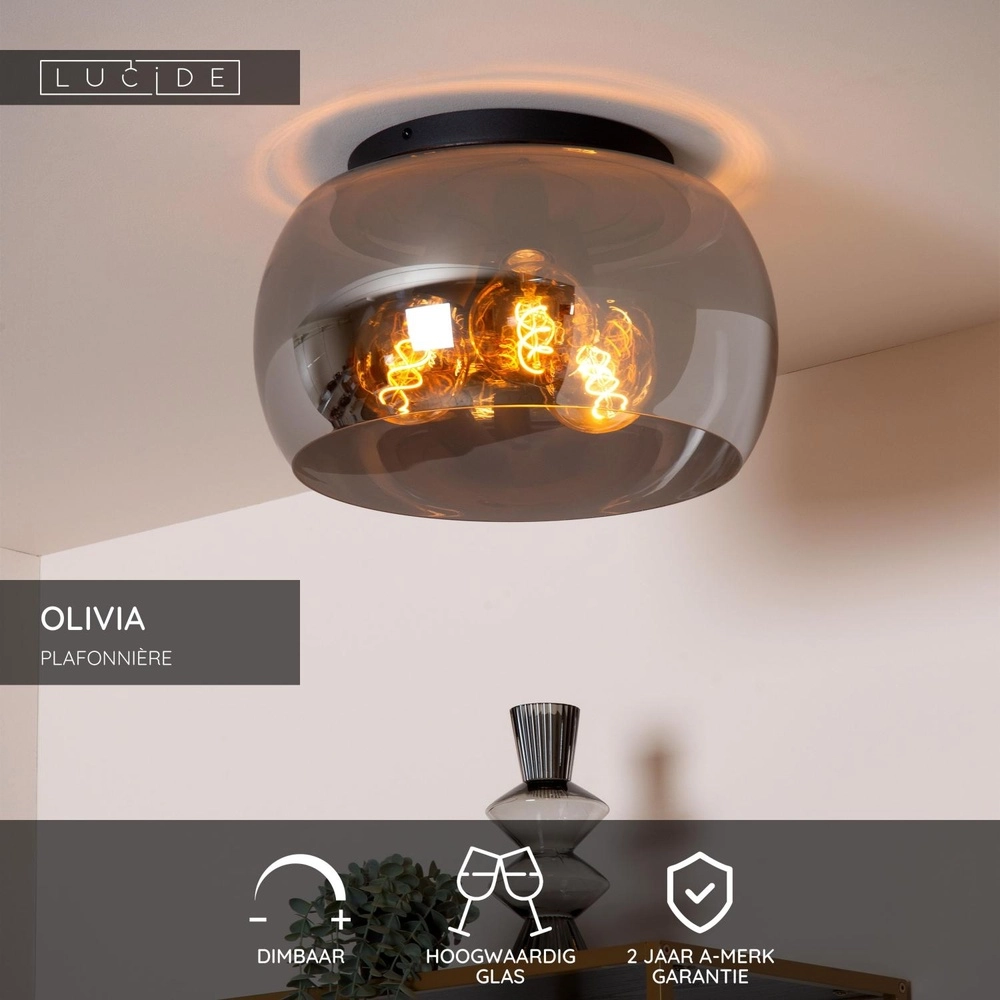Lampe de plafond Olivia Ø 40cm noir avec verre fumé Lucide 5411212452085