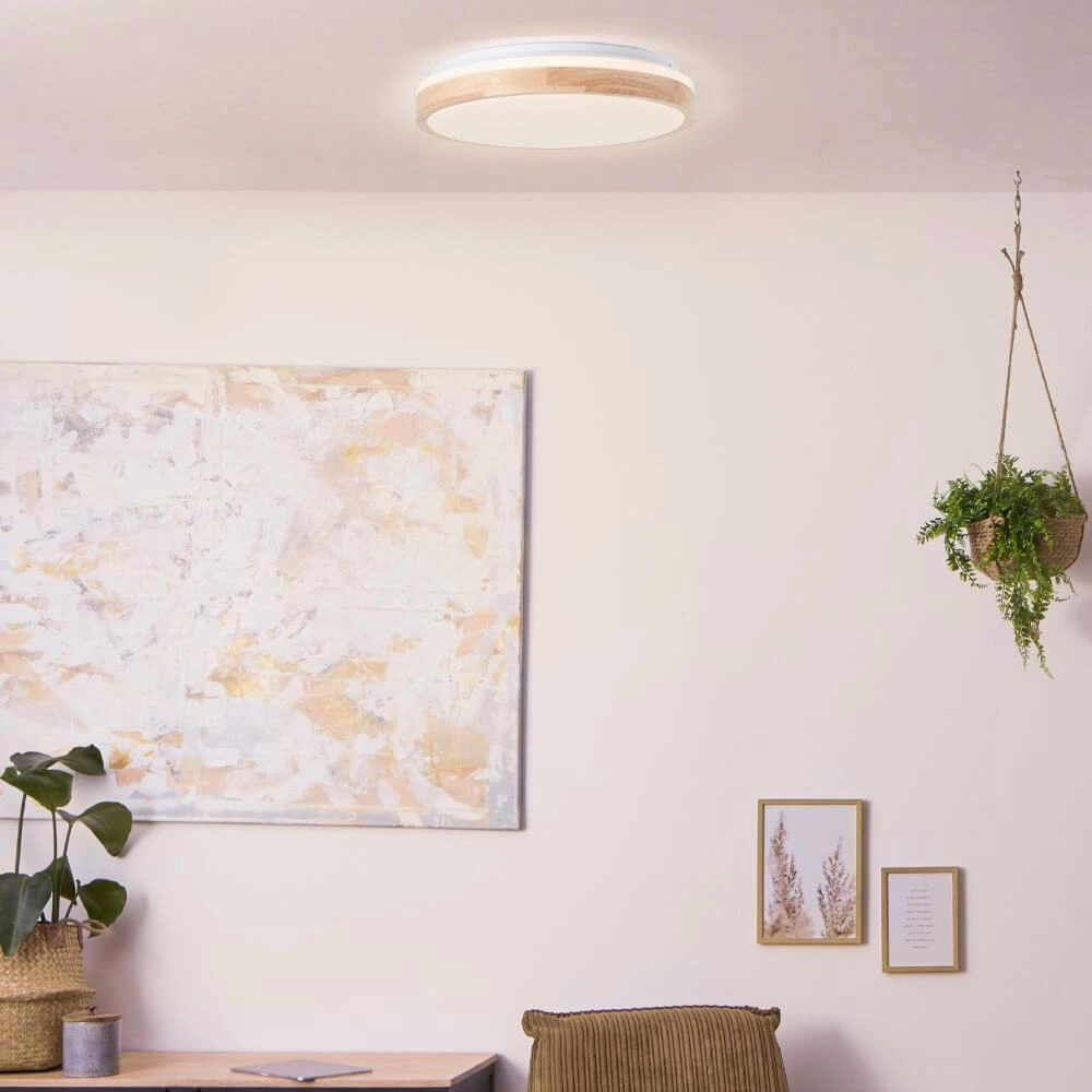 Plafonnier Brodsky Ø 39cm blanc avec bois Brilliant 4004353411304