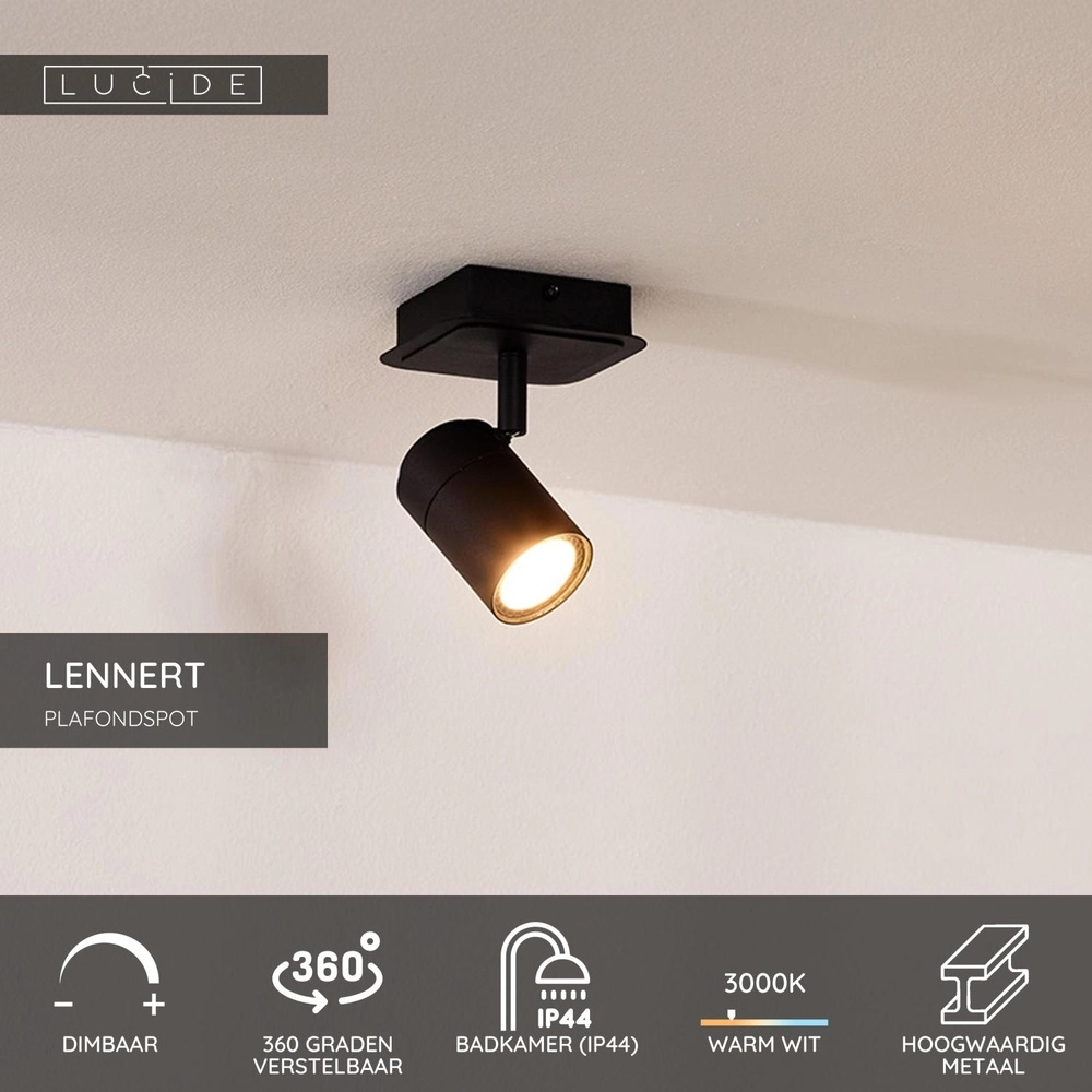 Projecteur de plafond Lennert IP44 noir Lucide 5411212262677