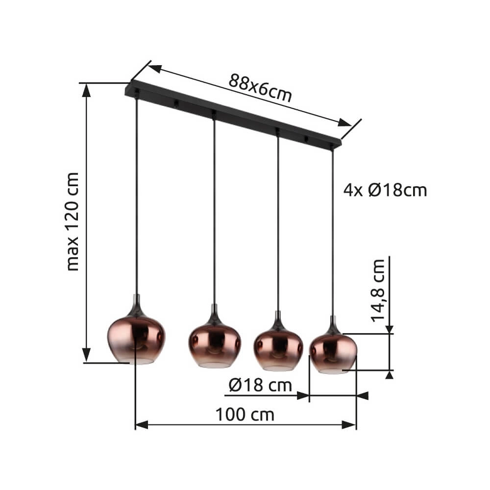 Suspension noire Maxy avec verre rouge 4 lumières Globo 9007371447985