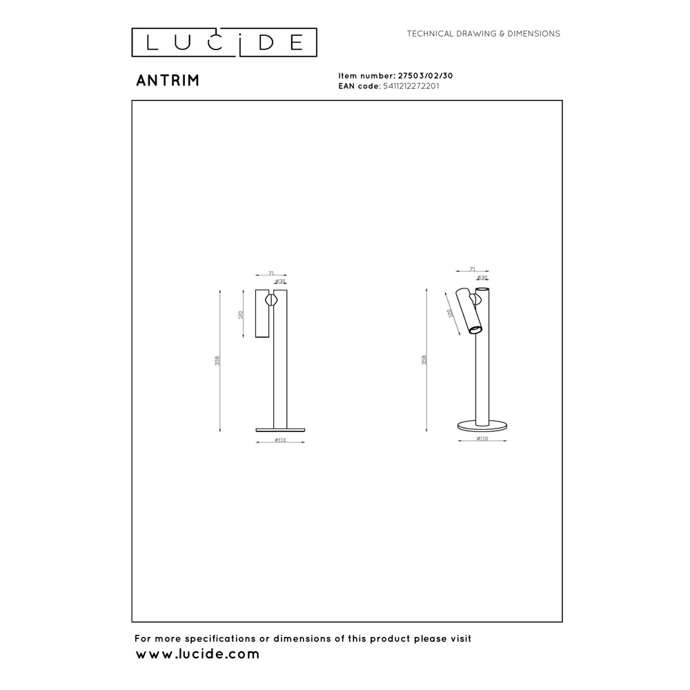 Lampe de table rechargeable Antrim IP54 noir Lucide 5411212272201