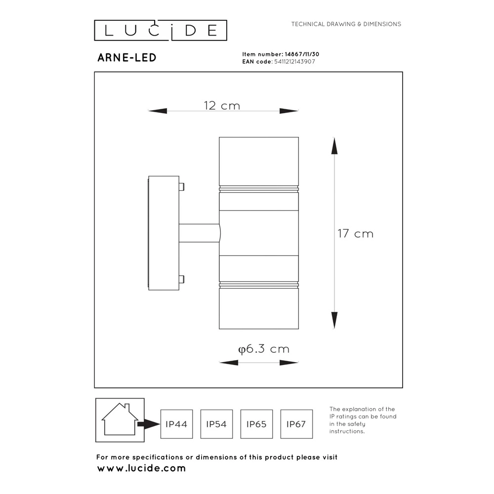 Projecteur mural Arne-Led Noir haut et bas Lucide 5411212143907