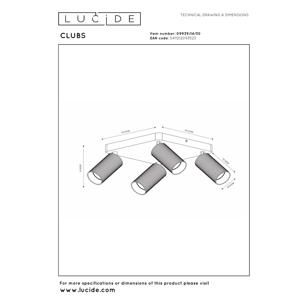 Emplacement de plafond monté en surface Clubs Noir à 4 lumières Lucide 5411212093523