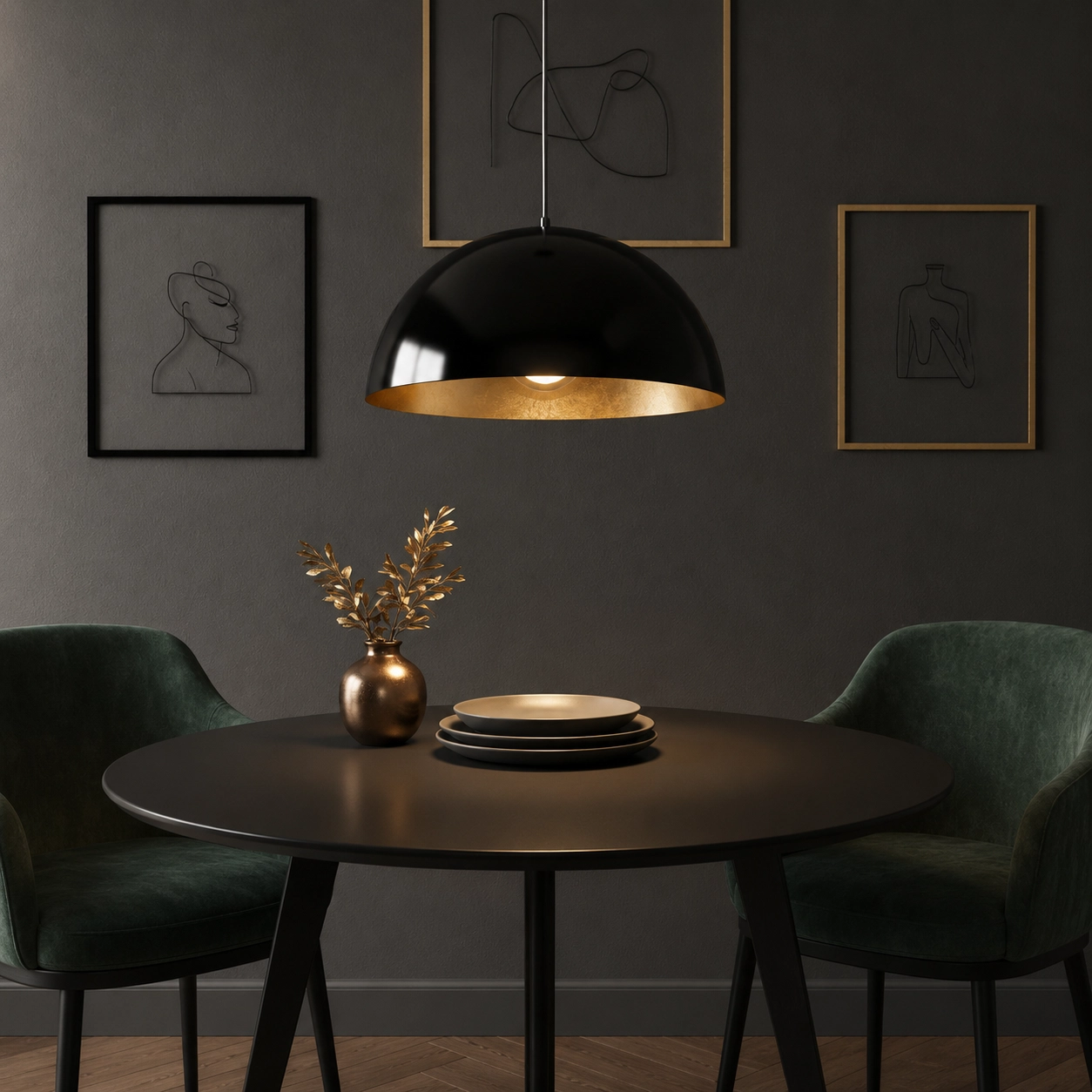 Grande lampe suspendue Gala Ø 50cm noir intérieur doré