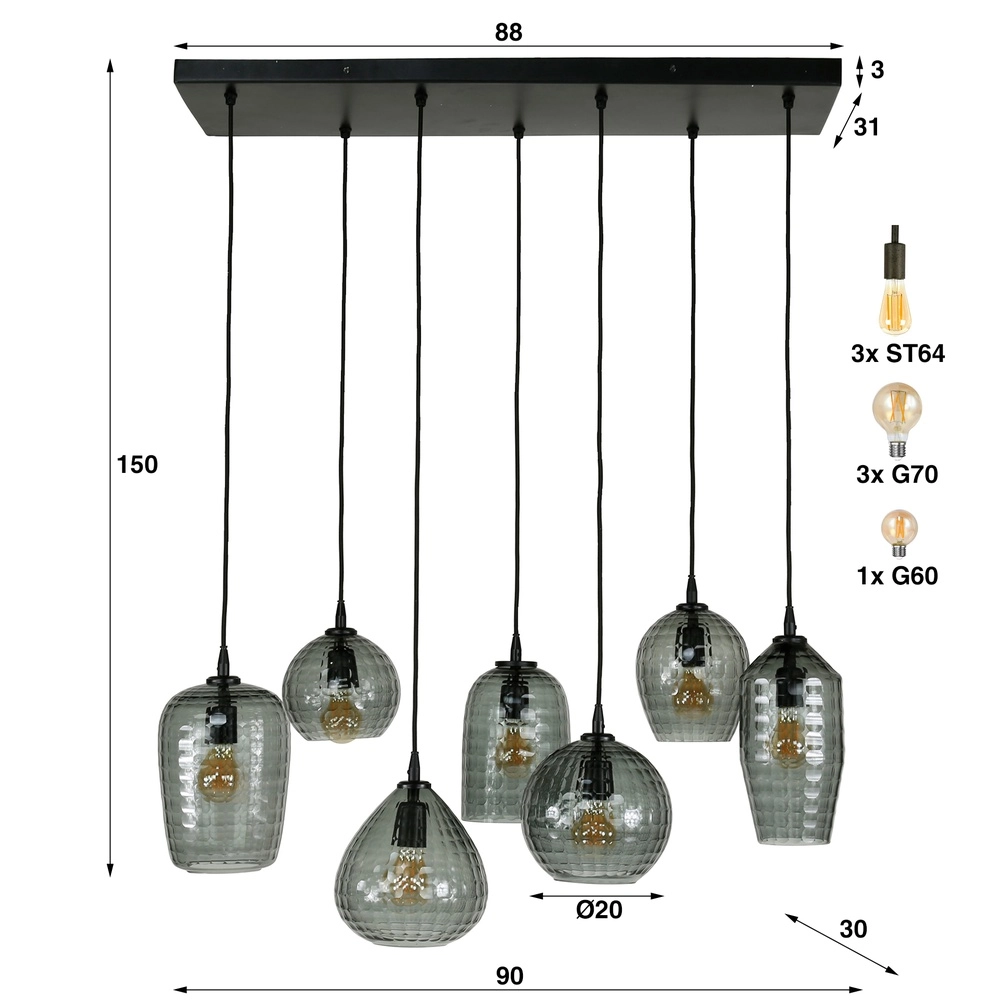 Lampe suspendue à 7 lampes Hexagon Vitres à fumée Lyora 8716803511163