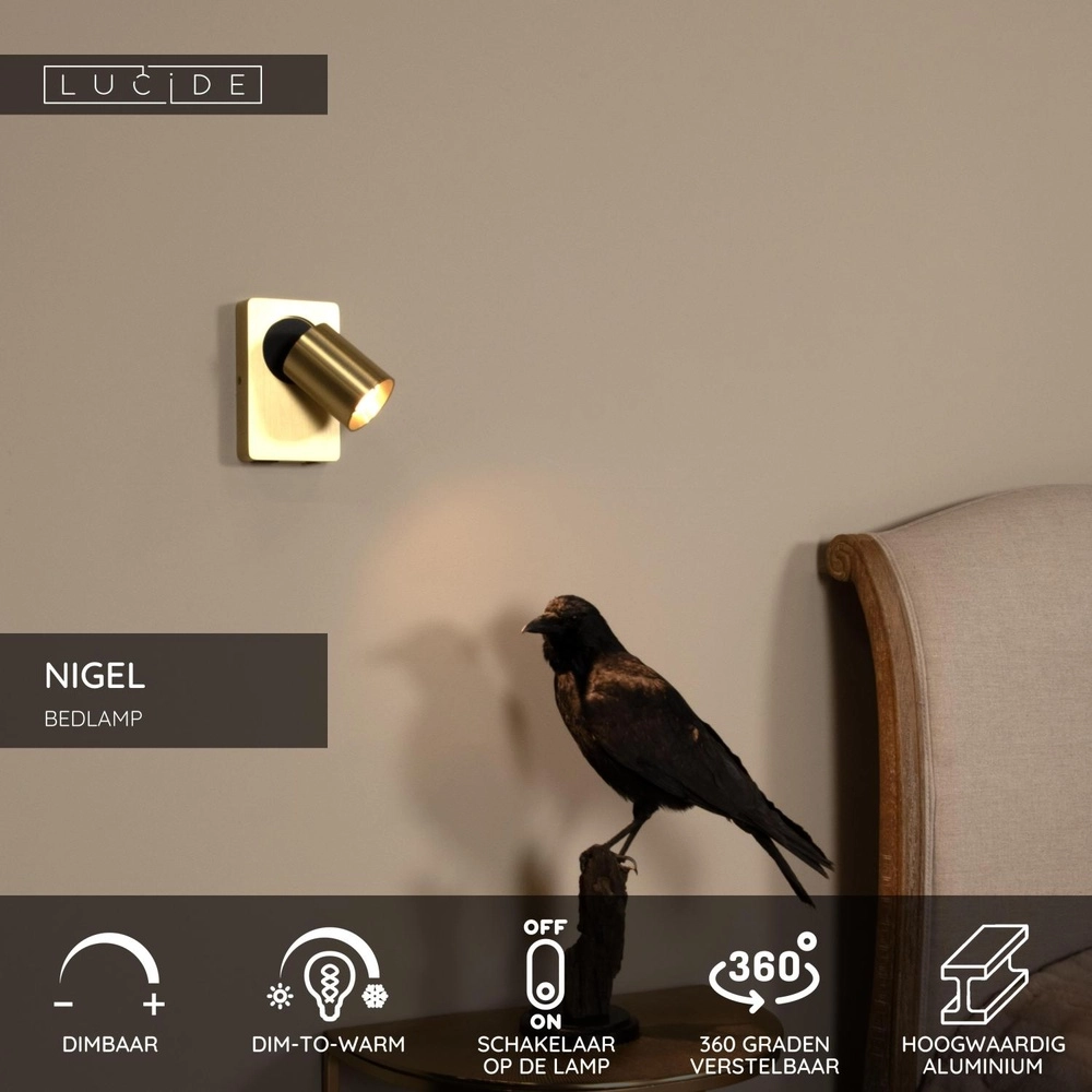Lampe de chevet Nigel avec point de charge USB doré Lucide 5411212092953