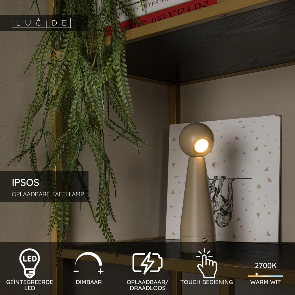 Lampe de table rechargeable Ipsos taupe Lucide 5411212333988