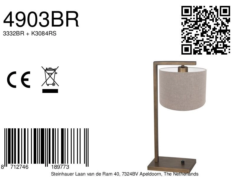 Lampe de table Stang avec capuche grise Steinhauer 8712746189773