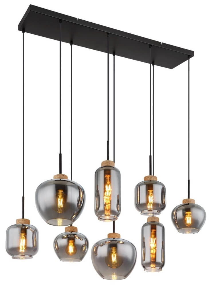 Lampe suspendue 8 lumières Matt noir avec du bois