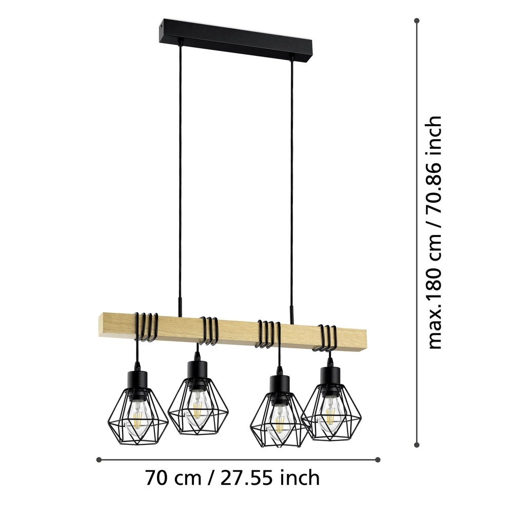 Lampe suspendue à 4 lumières Townshend 5 Salle à manger - noire avec du bois Eglo 9002759440756