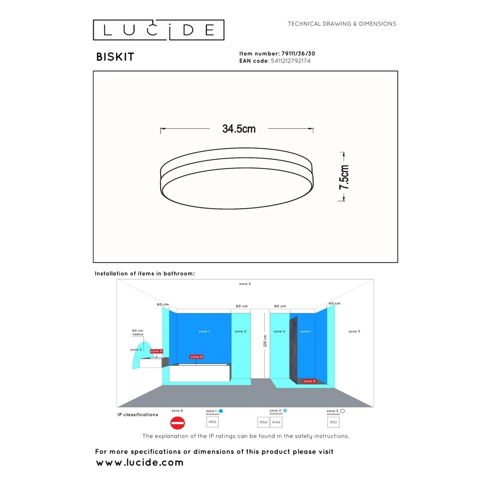 Éclairage de plafond Biskit Ø 34,5cm - IP44 noir Lucide 5411212792174