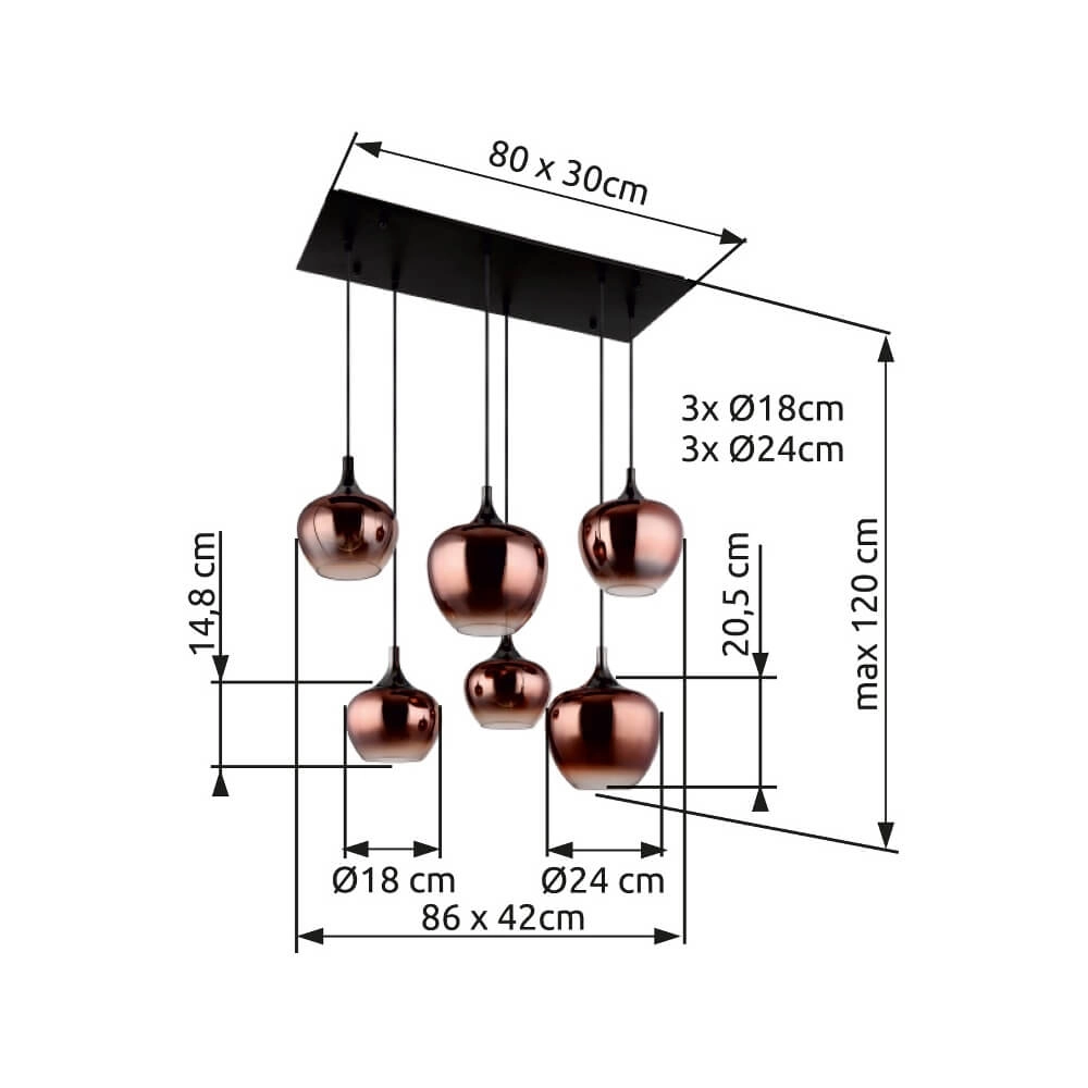 Suspension noire Maxy avec verre rouge 6 lumières Globo 9007371450985