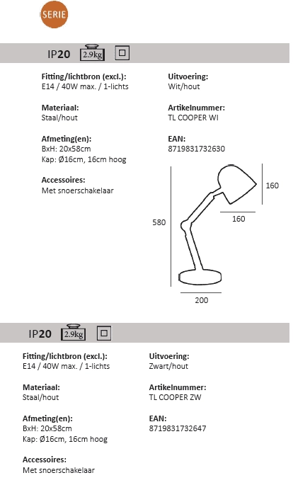 Lampe de bureau rurale Cooper blanc avec du bois Artdelight 8719831732630