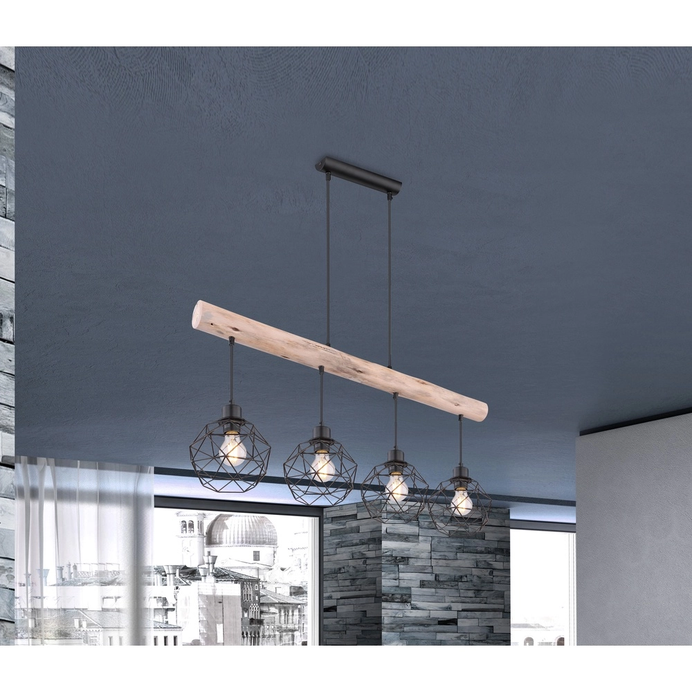 Lampe de table à manger à 4 lumières Theodor noir avec bois Globo 9007371400676