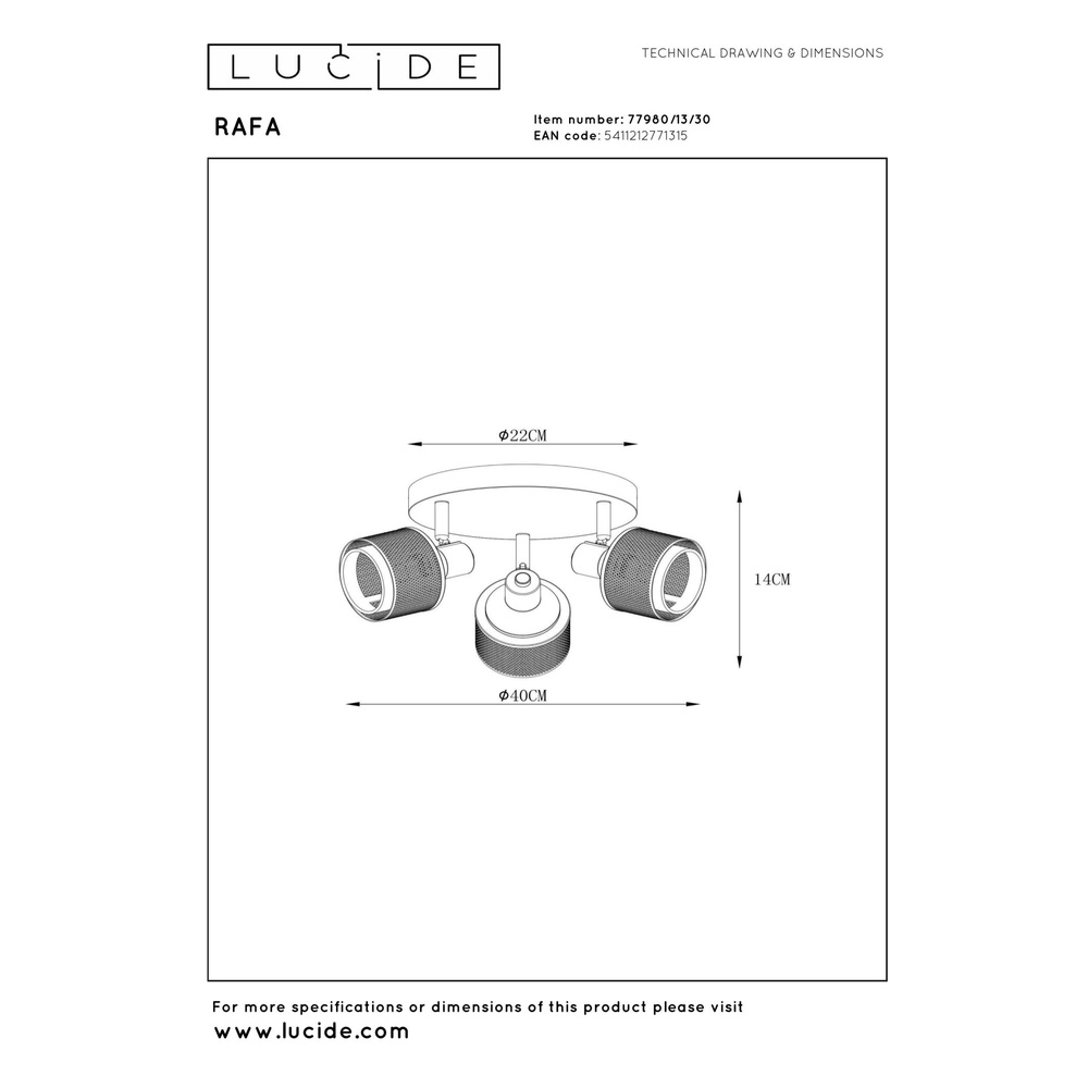 Lampe de plafond Rafa 3-noir clair avec cuivre Lucide 5411212771315