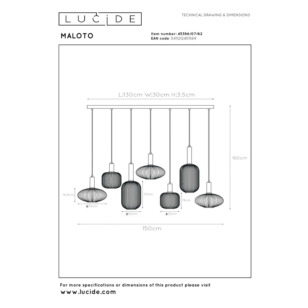 Lampe suspendue Maloto 7 lumières avec verre ambré Lucide 5411212451569