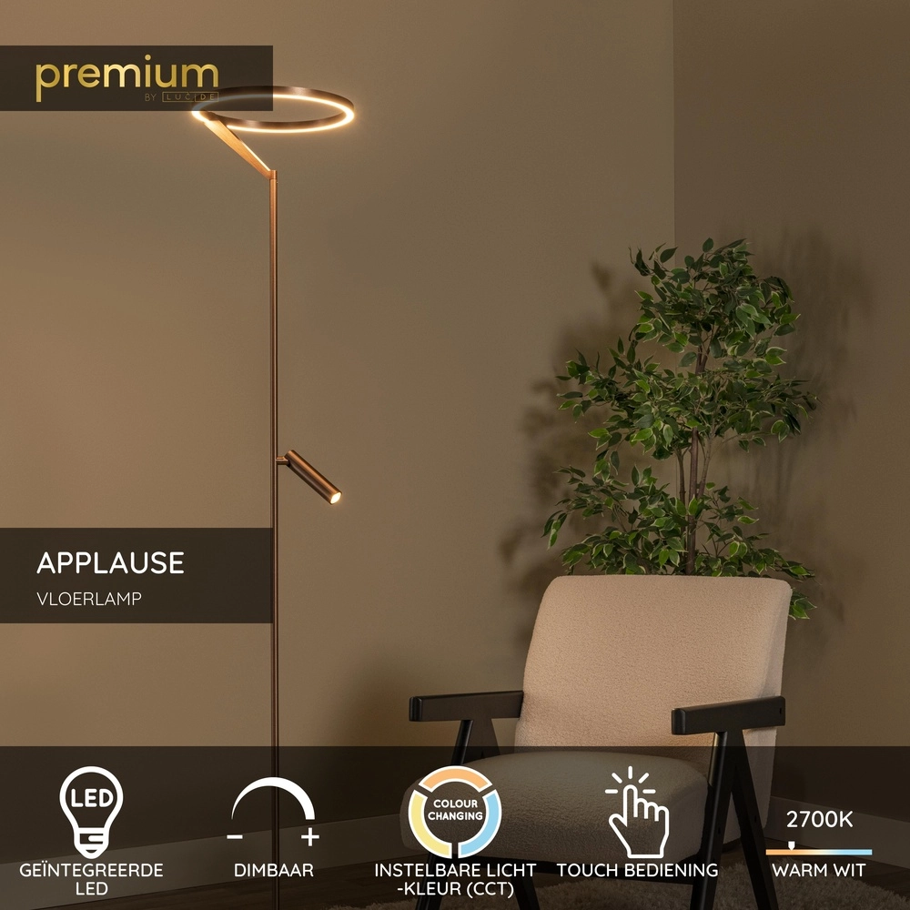 Lampe de pied élégante avec lampe de lecture Applause Cuivre brossé - LED Premium by Lucide 5411212221872