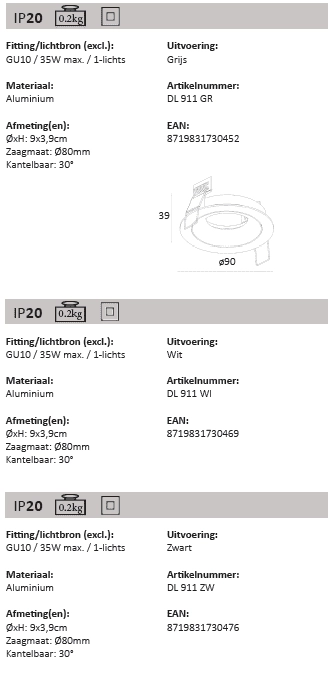 Spot encastré blanc Downel 9 cm Artdelight 8719831730469