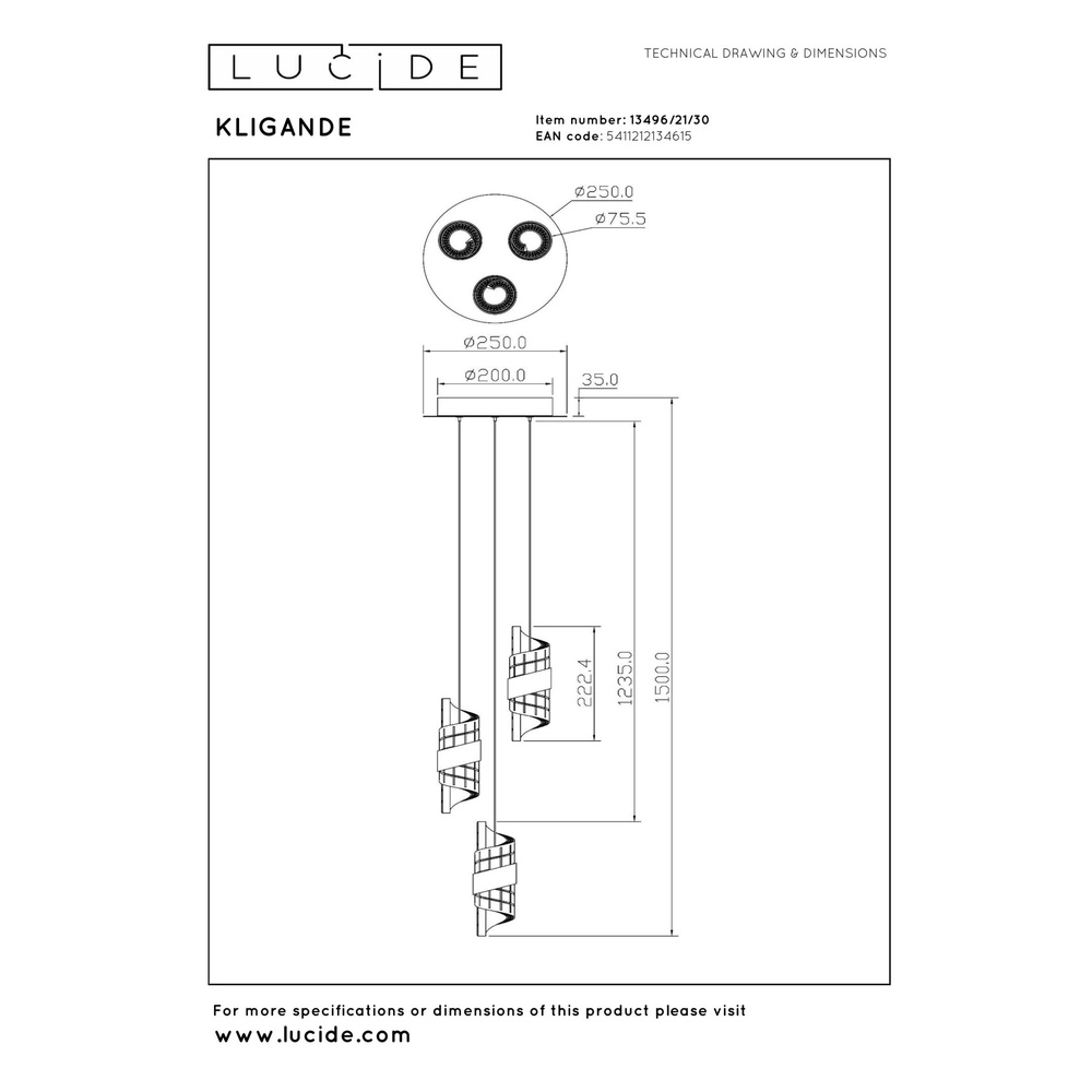 Lampe pendante de conception Kligande Noir à 3 lumières Lucide 5411212134615