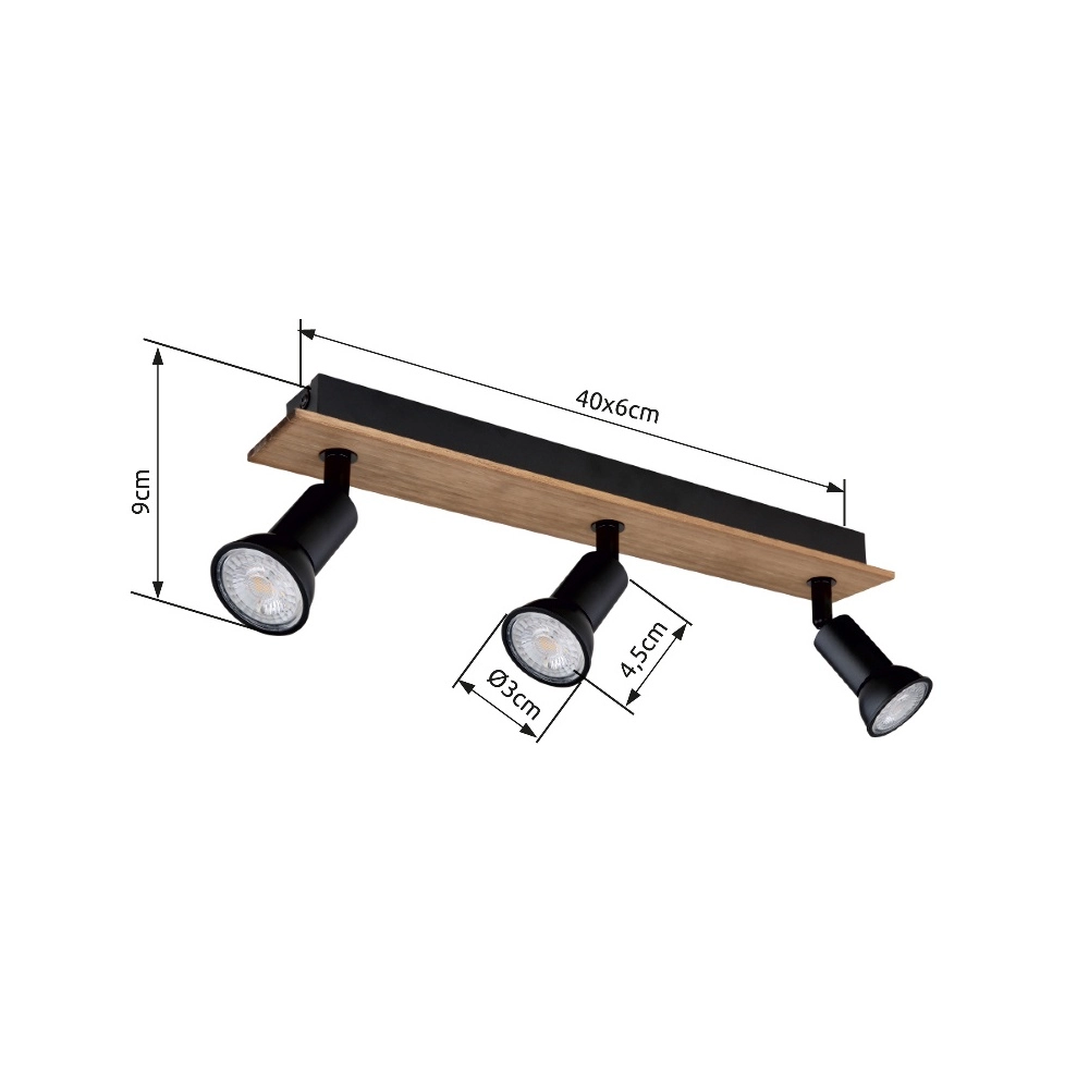 Projecteur de plafond Drew noir avec 3 lumières en bois Globo 9007371433780