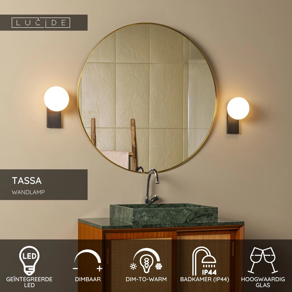 Lampe murale Tassa IP44 noir avec sphère blanche Lucide 5411212570079