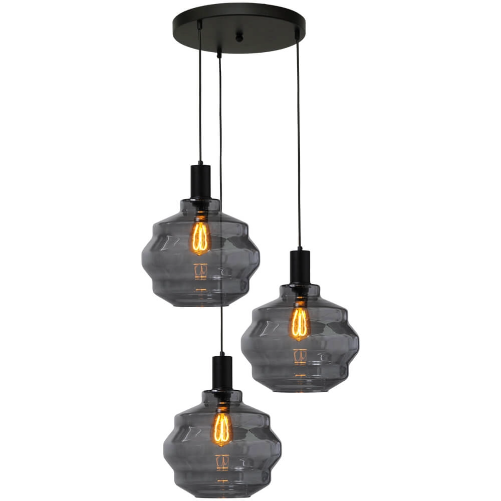 Suspension loft 3 lumières - noire - Porto avec verres à fumée Ball - Ø 30cm