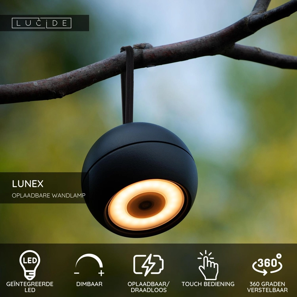 Lampe murale rechargeable Lunex Magnétique noir Lucide 5411212272409