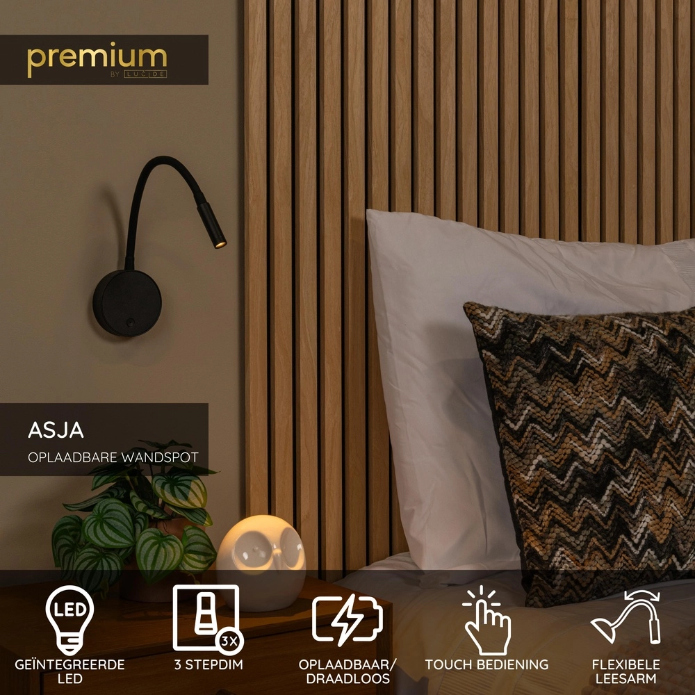 Lampe de chevet Asja Noir dimmable Premium by Lucide 5411212421180