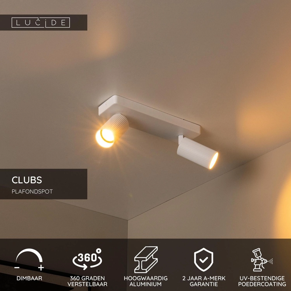 Emplacement de plafond monté en surface Clubs Blanc à deux lumières Lucide 5411212093516