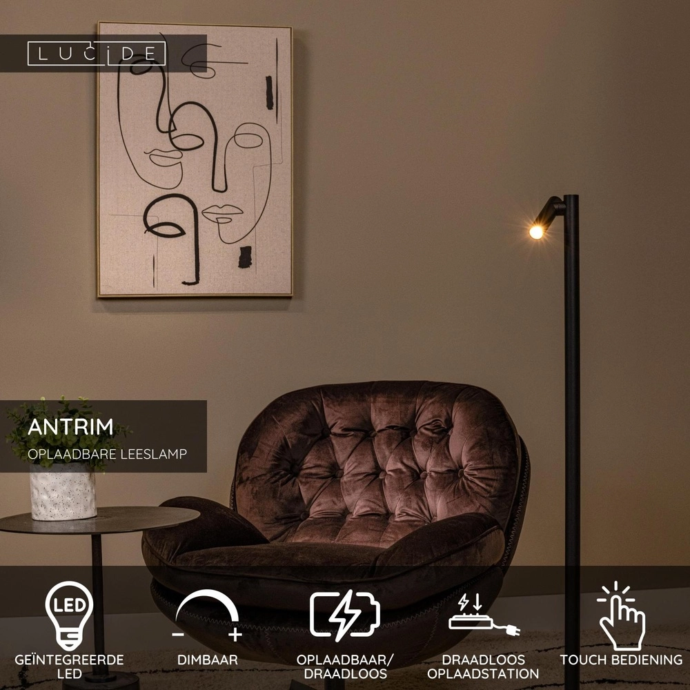 Lampe de lecture rechargeable Antrim IP54 noir Lucide 5411212272256