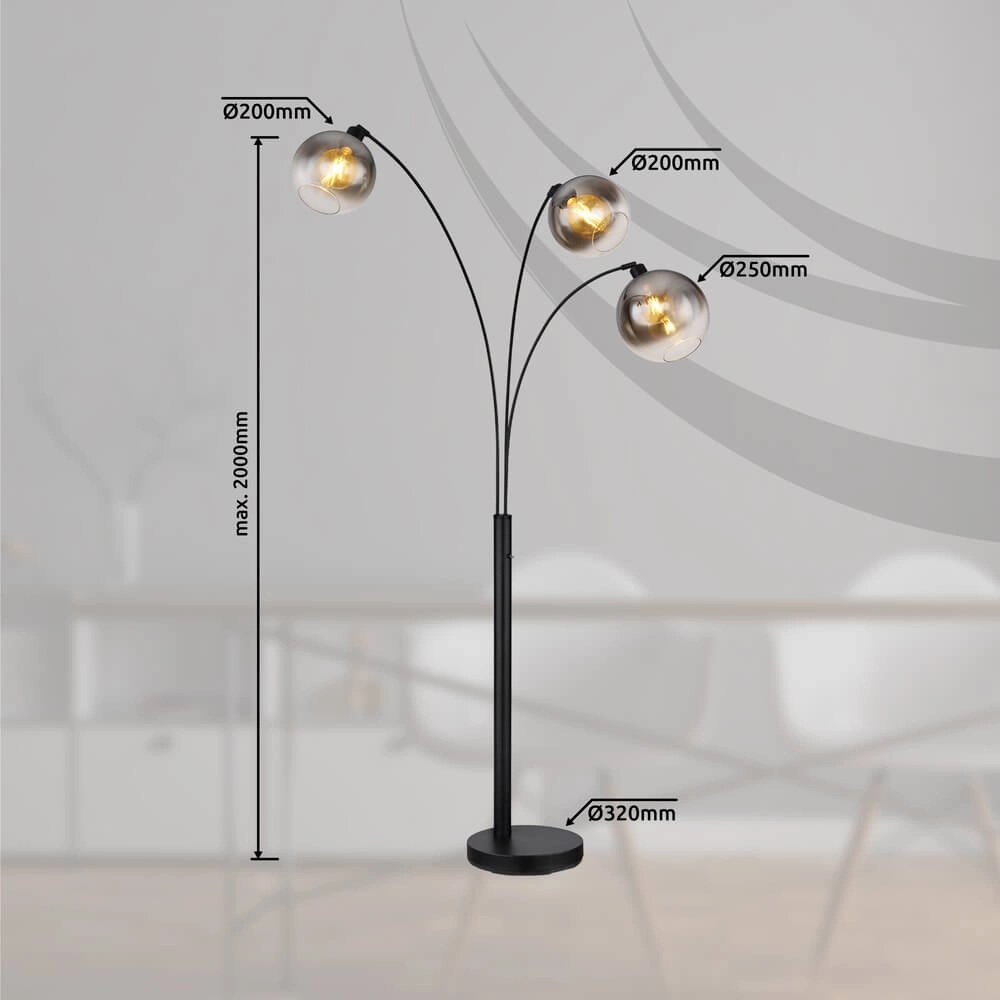 Lampadaire noir Newcastle Sphère Smoke Glass 3 lumières Globo 9007371449798