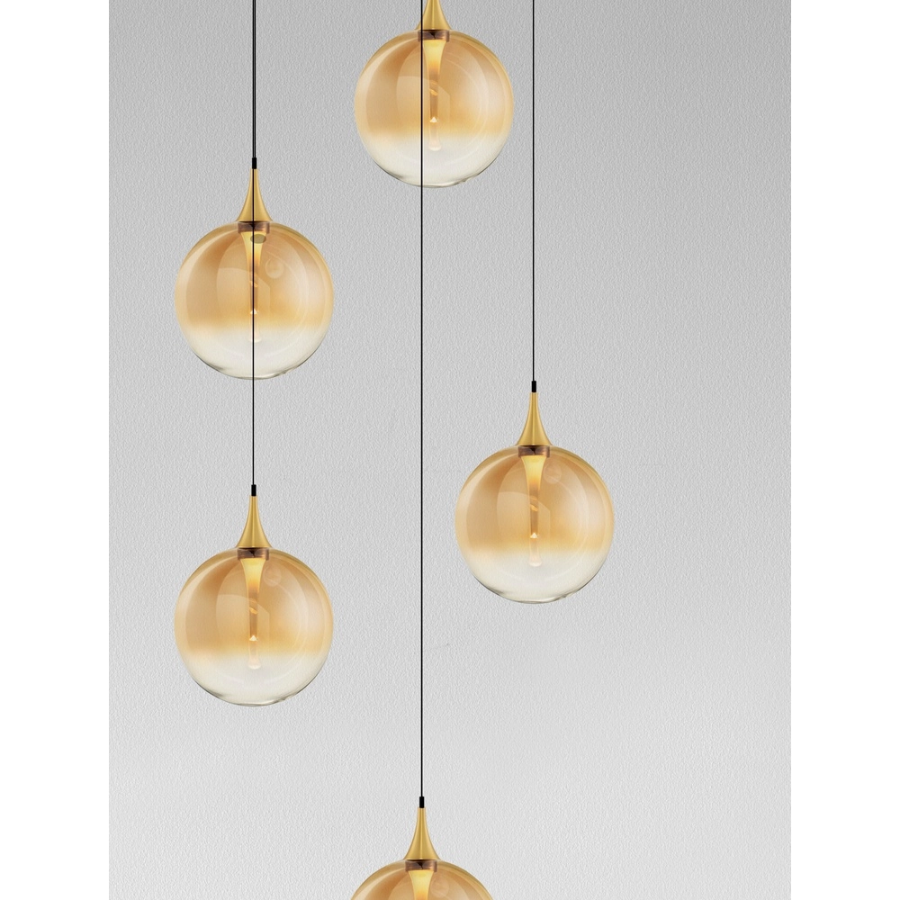 Suspension Orenda Verre rond ambré à 5 lumières Suspension Orenda Verre rond ambré à 5 lumières