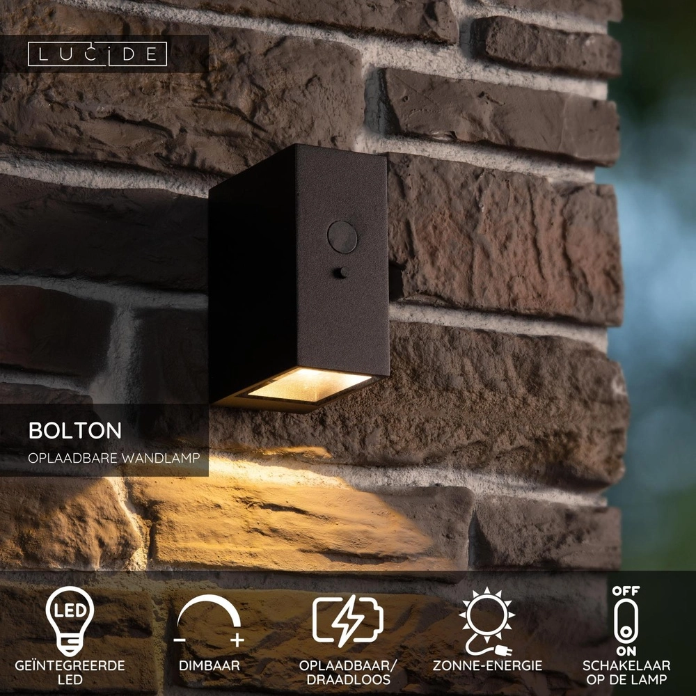 Lampe murale solaire Bolton IP54 - 3000K noir Lucide 5411212152091